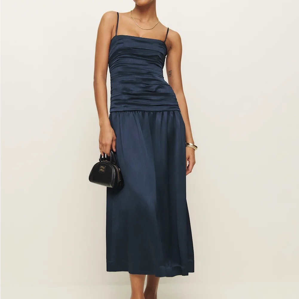 Reformation Midnight Blue Ruched Dress